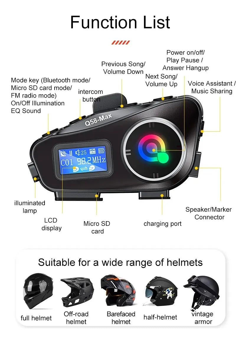 Intercomunicador Q58-max Bluetooth Casco Moto Fm Música 25hr